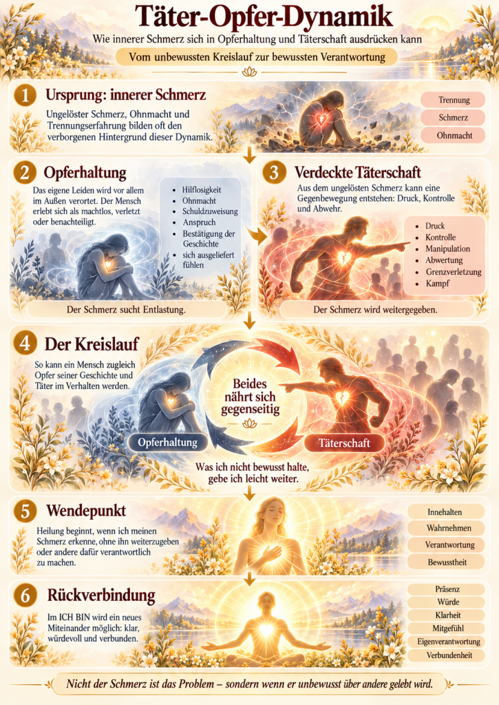 Die Grafik veranschaulicht den Zusammenhang zwischen innerem Schmerz, Opferhaltung und verdeckter Täterschaft. Sie zeigt, wie sich verletzende Beziehungsmuster gegenseitig verstärken können und wie durch Bewusstwerdung, Eigenverantwortung und Rückverbindung ins ICH BIN ein Ausstieg möglich wird.